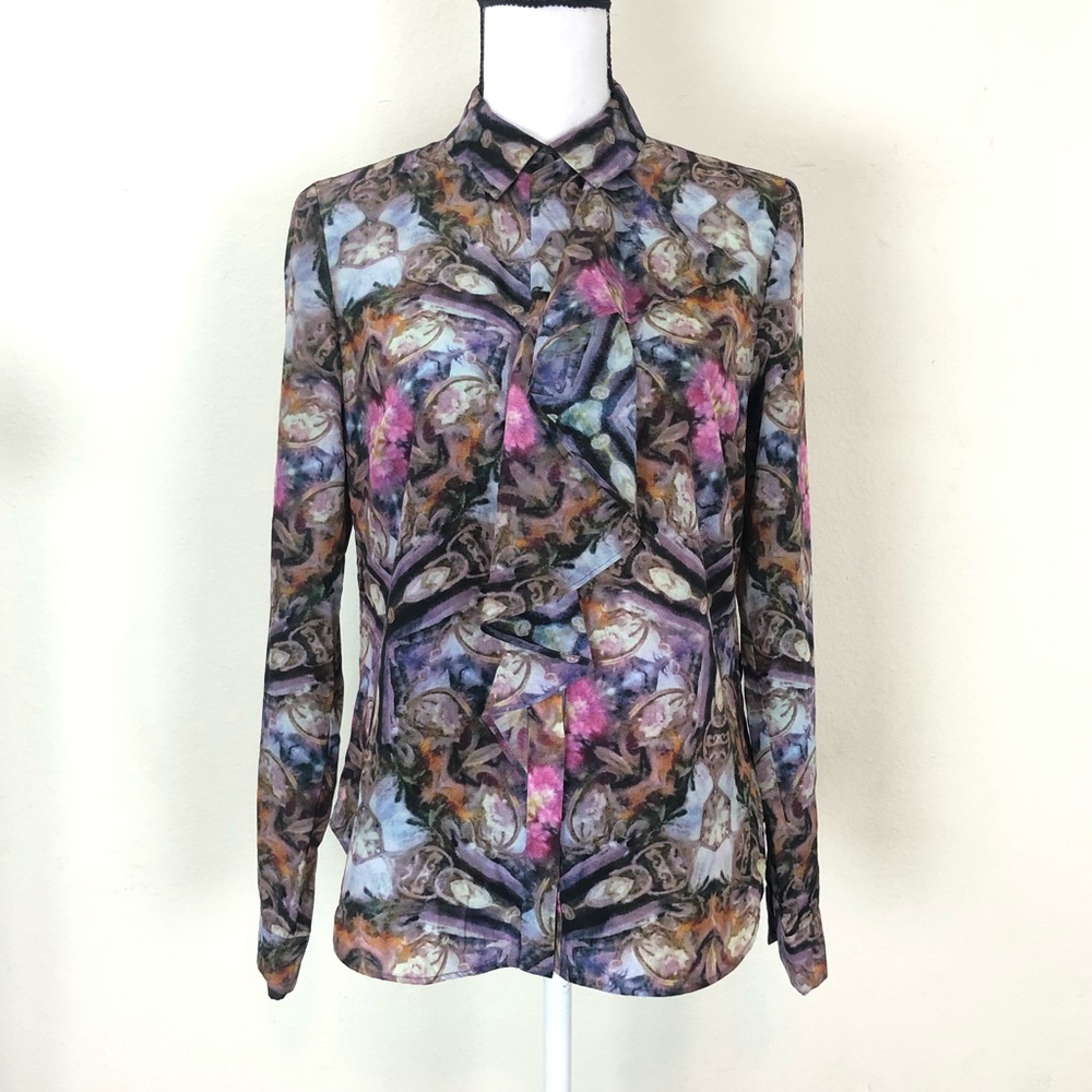 Rachel Roy Women's Small Sheer Abstract Artsy Watercolor Long Sleeve Button Up